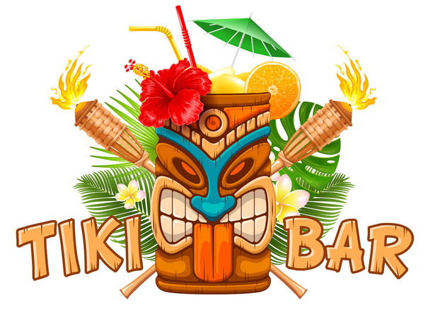 Jelzőtábla Tiki bár egzotikus koktéllal bögre Tiki maszkot, fáklya bambusz és trópusi növények. Hawaii a hagyományos elemeket. Elszigetelt fehér background. Vektoros illusztráció. - Vektor, kép