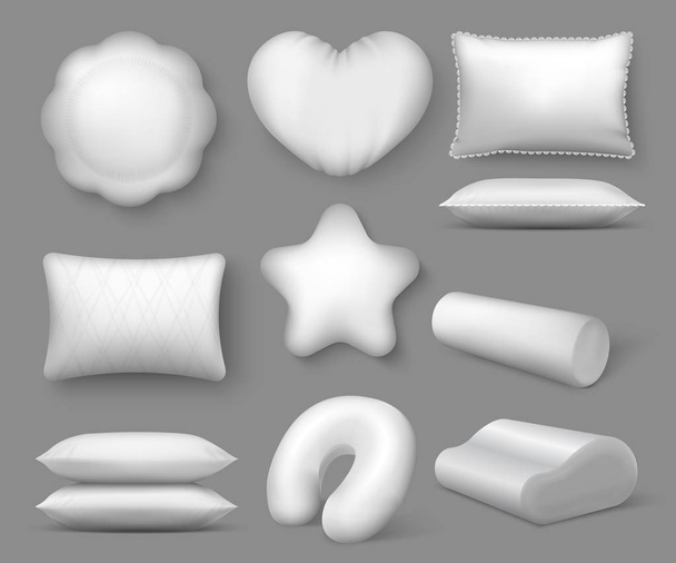 Ρεαλιστική λευκό μαξιλάρια. 3D γύρο μαλακά μαξιλάρια για τον ύπνο και ανάπαυση, άνεση κενό τετράγωνο μαξιλάρι, σπίτι να χαλαρώσουν έννοια. Διάνυσμα μαξιλάρι - Διάνυσμα, εικόνα