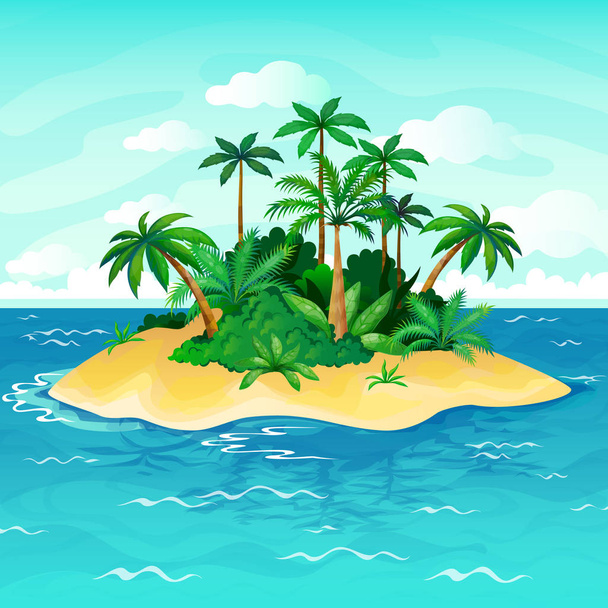 Ocean Islandin piirretty. Palmuja meri asumaton saaret taivas hiekka ranta aurinko panoraama näkymä yksinäisyys trooppinen luonto kuvitus
 - Vektori, kuva