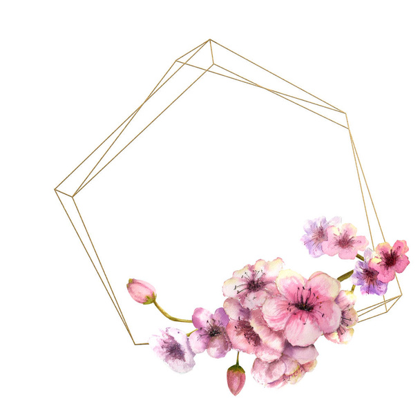 Ανθισμένες κερασιές, Sakura υποκατάστημα με ροζ λουλούδια πάνω σε χρυσό πλαίσιο και απομονωμένες λευκό φόντο. Εικόνα της άνοιξης. Πλαίσιο. Ακουαρέλα εικονογράφηση. Σχεδιαστικά στοιχεία. παρακάτω λουλούδια. γεωμετρικό πλαίσιο - Φωτογραφία, εικόνα