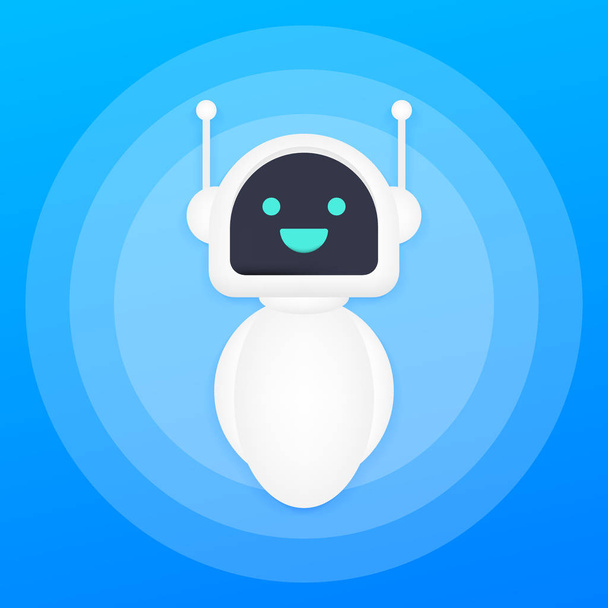 Chatbot concept. Man chatting with cute robot chat bot. Vector