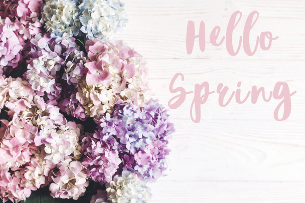 Hello Spring text sign at beautiful hydrangea flowers on rustic white wood - Foto, imagen