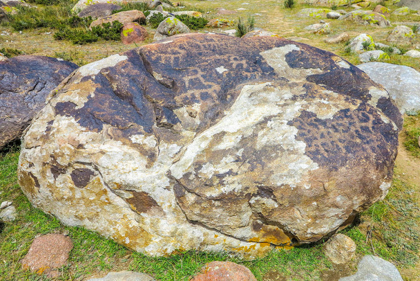 動物馬鹿ラクダ ハンター Balbals の刻まれた石仏とチョルポン Ata ペトログリフ - 写真・画像