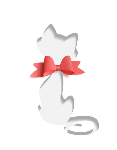 Cut out silhouette of cat with red bow - Vector, Image