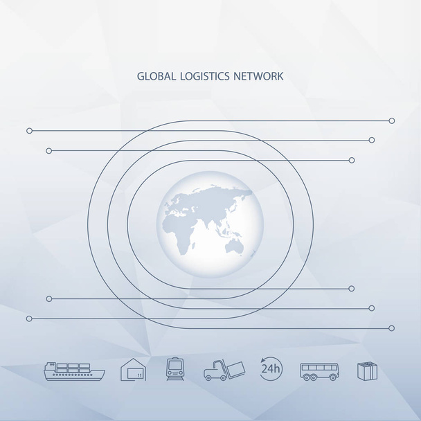 Globális logisztikai hálózat. Globális logisztikai partnerségi kapcsolat megjelenítése. Földgömb és logisztikai ikonok a sokszögű háttér. Lapos kivitel. Vektoros illusztráció Eps10. - Vektor, kép