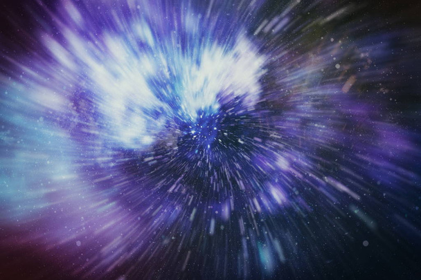 爆発して運動を拡大します。銀河と星とブルーの力フィールドを介してワームホール星間旅行のループ アニメーション - 写真・画像