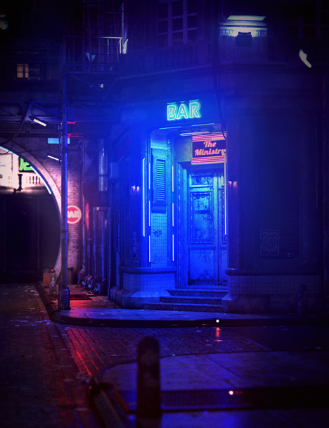 Sci Fi Cyberpunk City com sinais de néon
 - Foto, Imagem