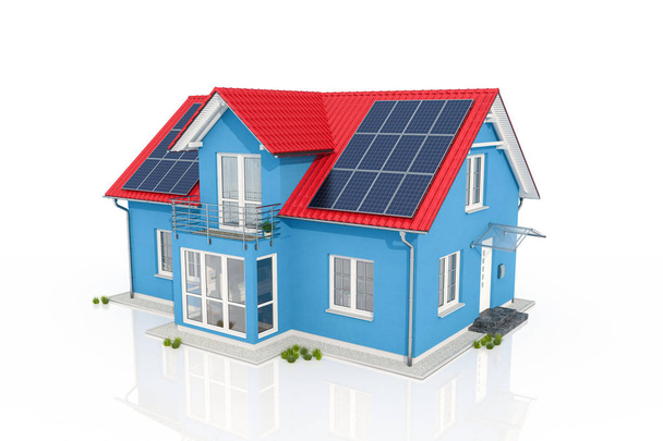 反射する白い背景に太陽電池パネルで青い家の 3 d レンダリング - 写真・画像