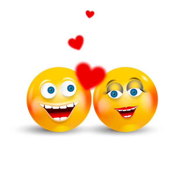 Šťastný pár Emoji Kawaii čelí v lásce s červeným srdcem plující kolem. Komunikace Chat prvky nebo ikonu. - Vektor, obrázek