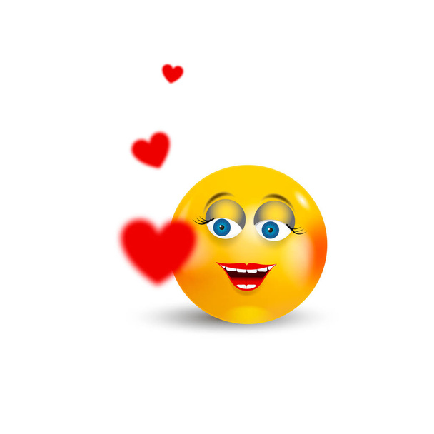 Happy Emoji Kawaii Girl Face in liefde met rode harten rondvliegen. Mededeling Chat elementen of pictogram. - Vector, afbeelding