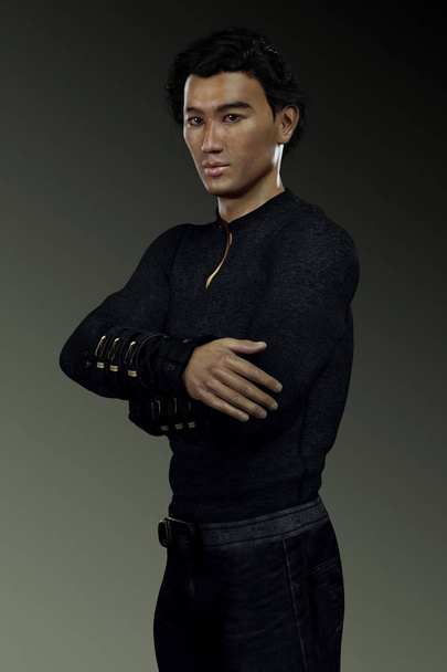 Precioso hombre asiático en cuero negro
 - Foto, Imagen