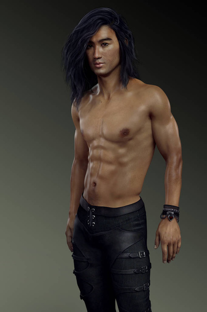 Magnifique homme asiatique en pantalon en cuir, poitrine nue, cheveux longs
 - Photo, image