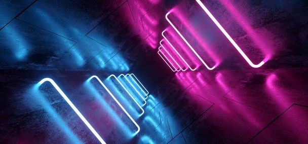 Cyber Sci Fi Futuristic Сучасний Ретро неоновий Сяючий синій фіолетовий рожевий трубний ліхтар в темряві порожній гранжевий відбиваючий бетонний коридор Тло танцювальний клуб 3D рендеринг ілюстрація
 - Фото, зображення