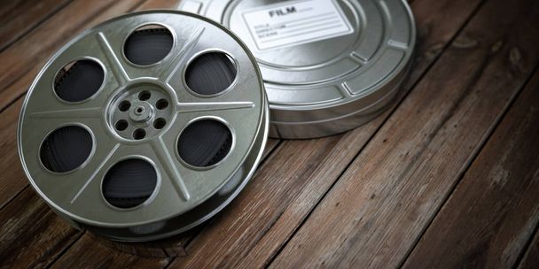 Vintage film reel with filmstrip on wood background. Video, cinema, multimedia concept. 3d illustration - Φωτογραφία, εικόνα