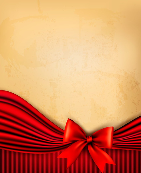 Vintage background with old paper with red gift bow and red ribb - Vektor, Bild