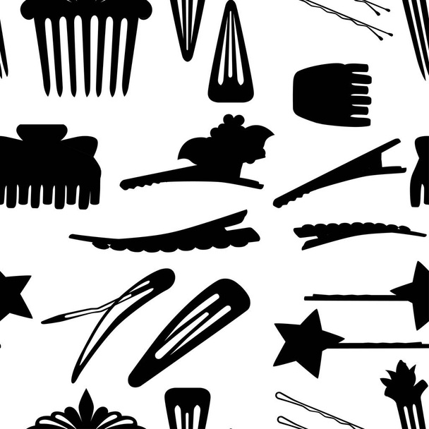 Seamless pattern. Black silhouette. Set of hair accessory. Hairpins and hair-clip for female salon concept. Flat vector illustration on white background. - Vector, Image