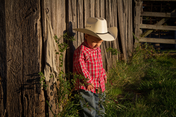 ένα αγόρι του νέου γεωργού από του ρουστίκ αχυρώνα του ξύλινο - Φωτογραφία, εικόνα