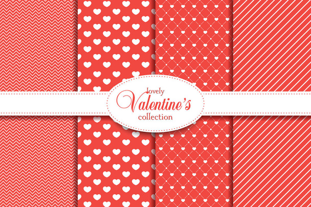 Liefde patroon. De collectie van 4 elegante rode naadloze patronen op het thema van de romantiek en liefde. Valentijnsdag patroon met hart. Kerst liefde cadeau patroon. - Vector, afbeelding