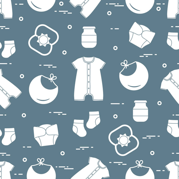Seamless pattern with goods for babies. Newborn baby background. Bib, baby food can, rattle, socks, diapers, bodysuit. - Vektör, Görsel