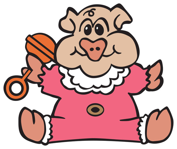 Ένα γουρούνι μωρό γελοιογραφία Ευτυχώς παίζει με το toy κουδουνίστρα - Διάνυσμα, εικόνα