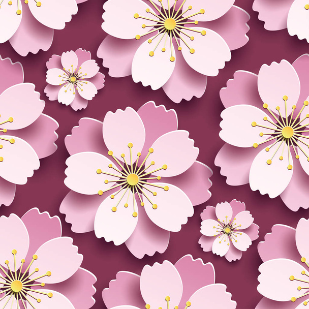 Beautiful modern maroon background seamless pattern, decorative white, pink 3d sakura flower, japanese cherry tree blossom cut paper. Floral trendy stylish wallpaper. Graphic design. Vector illustration - Вектор,изображение