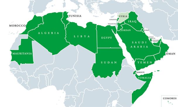 Politieke kaart van de Arabische Liga. De Liga van Arabische Staten, locatie in Noord-Afrika en Arabië. Regionale organisatie van 22 lidstaten. Syrië is sinds 2011 opgeschort. Engels labeling. Illustratie. Vector. - Vector, afbeelding