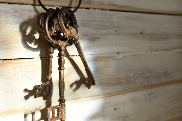 Zblízka obraz tří antické dekorativní klíčů na kovový přívěsek na klíče.  - Fotografie, Obrázek