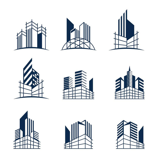 Building construction logo bundle, Various forms and models of buildings with scaffolding, suitable for construction or real estate logos. - Vector, Image