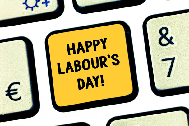 Conceptual hand writing showing Happy Labour S Day. Business photo showcasing annual holiday to celebrate the achievements of workers Keyboard key Intention to create computer message idea. - Photo, Image