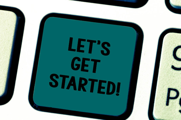 Writing note showing Let S Is Get Started. Business photo showcasing encourage demonstrating or group to begin doing something Keyboard key Intention to create computer message pressing keypad idea. - Photo, Image