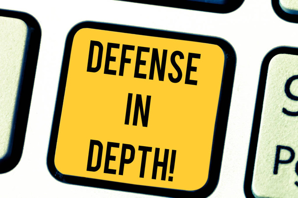 Tekst teken weergegeven: Defense In Depth. Conceptuele foto regeling defensieve lijnen of fortificaties verdedigen anderen toetsenbord toets voornemen om computer bericht te drukken toetsenblok idee te maken. - Foto, afbeelding