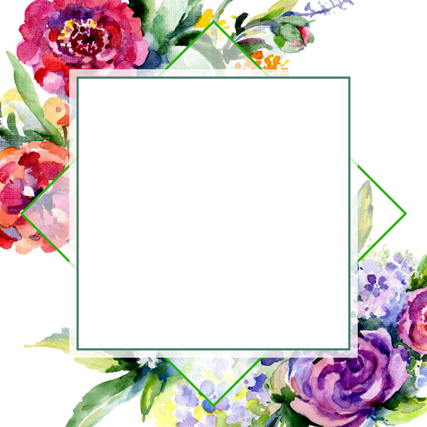Bouquets floral botanical flower. Wild spring leaf wildflower isolated. Watercolor background illustration set. Watercolour drawing fashion aquarelle isolated. Frame border ornament square. - Фото, изображение