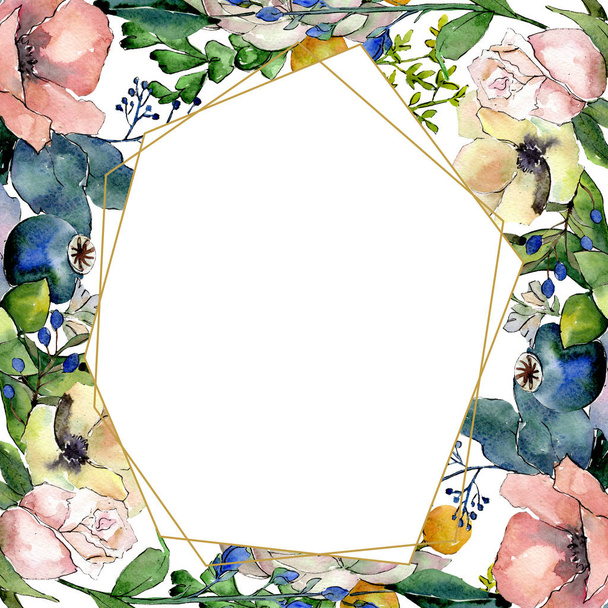 Bouquets with succulent floral botanical flowers. Wild spring leaf. Watercolor background illustration set. Watercolour drawing fashion aquarelle isolated. Frame border crystal ornament square. - Foto, Imagem