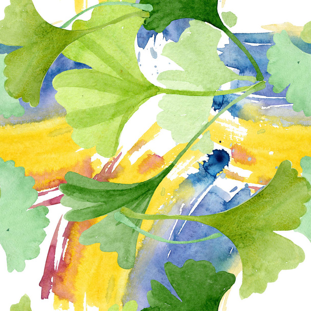 Ginkgo biloba zöld levelek. Leveles növény virágos lombozat. Akvarell illusztráció készlet. Akvarell rajz divat aquarelle elszigetelt. Varratmentes háttérben minta. Anyagot a nyomtatási textúrát. - Fotó, kép