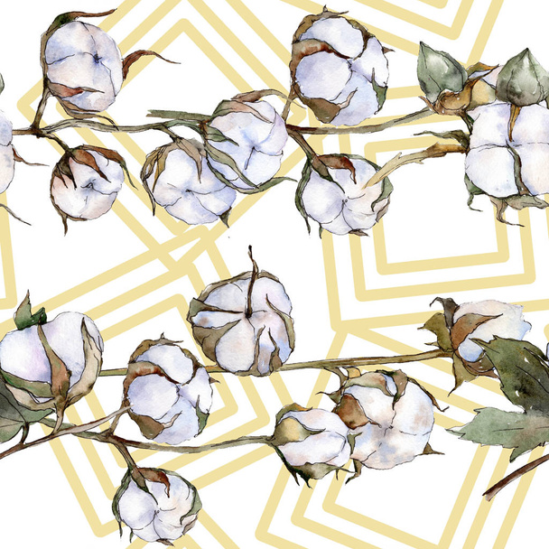 White cotton floral botanical flower. Wild spring leaf. Watercolor illustration set. Watercolour drawing fashion aquarelle isolated. Seamless background pattern. Fabric wallpaper print texture. - 写真・画像