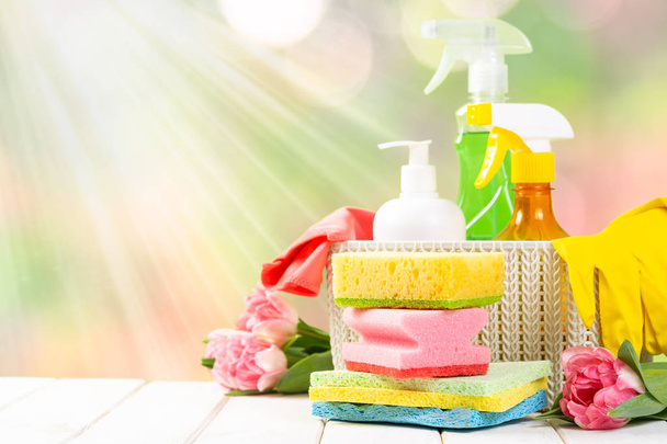 Spring cleaning concept - cleaning products, gloves - Fotoğraf, Görsel