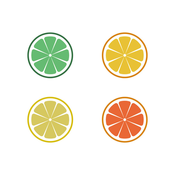 Verse citrusvruchten segmenten. vectorillustratie. Set kalk-, citroen-, sinaasappel- en grapefruitsap - Vector, afbeelding