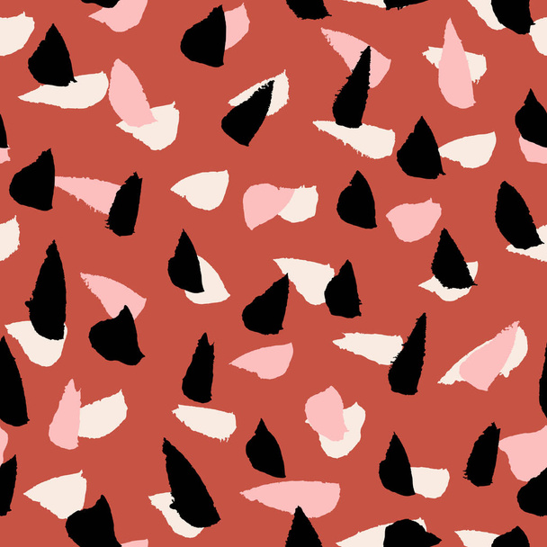 Hand painted brush strokes in cream, pastel pink and black on brick red background. Seamless abstract repeating background, wrapping paper, fabric design. - Vetor, Imagem
