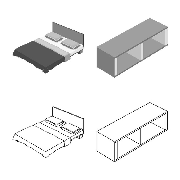 Vector illustration of bedroom and room symbol. Set of bedroom and furniture stock symbol for web. - Вектор,изображение