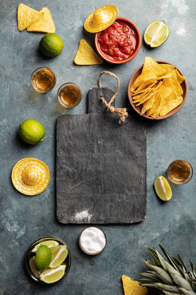 Mexican food and tequila shots, flat lay - 写真・画像