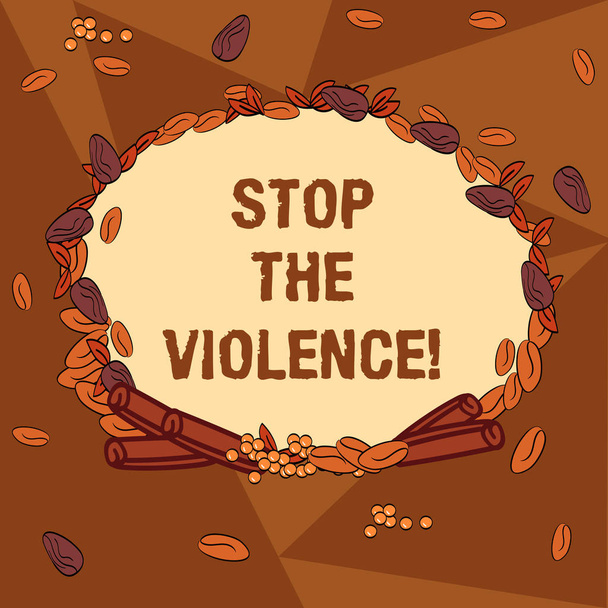 Text rukopisu psaní Stop The násilí. Koncept význam programu zmocňuje mládeže s postoje dovedností a zdrojů věnec vyroben z různých barevných semena listí a válcované skořice Foto. - Fotografie, Obrázek