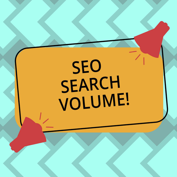 Text sign showing Seo Search Volume. Conceptual photo quantity of searches that occur for particular keyword Two Megaphone with Sound icon on Blank Color Outlined Rectangular Shape. - Photo, Image