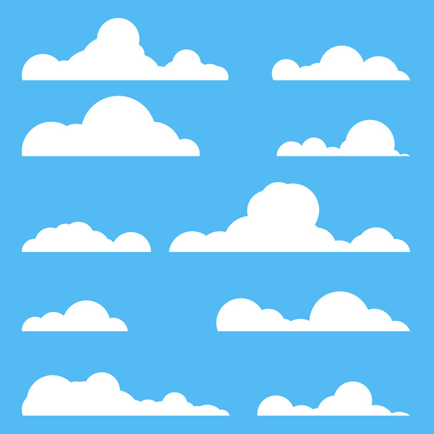 Düz stil gerçekçi bulutlar siluet. Beyaz cluds küme. Bulutlar karikatür tarzı sayısı. - Vektör, Görsel