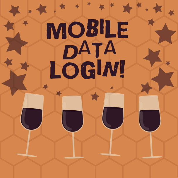 Writing note showing Mobile Data Login. Business photo showcasing allows smartphone users to access internet without WiFi Filled Cocktail Wine Glasses with Scattered Stars as Confetti Stemware. - Photo, Image