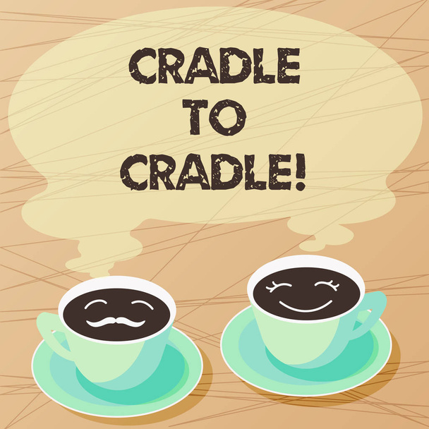 Writing note showing Cradle To Cradle. Business photo showcasing biomimetic approach to design of products and systems Sets of Cup Saucer for His and Hers Coffee Face icon with Blank Steam. - Photo, Image