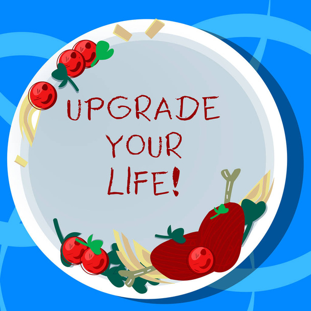 Käsitteellinen käsiala, joka näyttää Upgrade Your Life. Business valokuva esittelee parantaa elämäntapaasi rikastuminen ja onnellisempi käsin piirretty lampaan kyljykset yrtti mauste kirsikka tomaatit lautasella
. - Valokuva, kuva