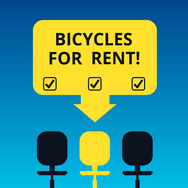 Handwriting text writing Bicycles For Rent. Concept meaning rents bikes for short periods of time usually few hours Blank Space Color Arrow Pointing to One of the Three Swivel Chairs photo. - Photo, Image