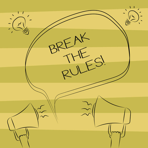 Text sign showing Break The Rules. Conceptual photo Make changes do everything different Rebellion Reform Freehand Outline Sketch of Blank Speech Bubble Megaphone Sound Idea Icon. - Photo, Image