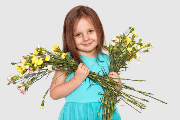 Pleasant looking smiling female child looks with blue eyes directly at camera, holds flowers in both hands, dressed in stylish dress, isolated over white background. Children, spring time concept - Photo, image