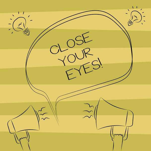 Close Your Eyes を示すテキスト記号。概念的な写真カバー私たちはあなたのために驚きを持っているあなたの視力はないフリーハンド アウトライン スケッチの空白バルーン メガホン サウンド アイデア アイコンをピークします。. - 写真・画像